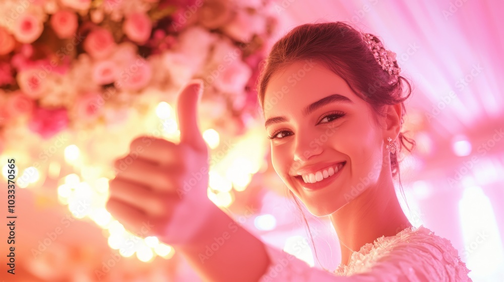 Successful Event Coordinator Giving Thumbs Up in Lavishly Decorated Venue with Joyful Guests - Concept of Celebration and Event Planning Successful Event Coordinator Giving Thumbs Up in Lavishly Decorated Venue with Joyful Guests - Concept of Celebration and Event Planning