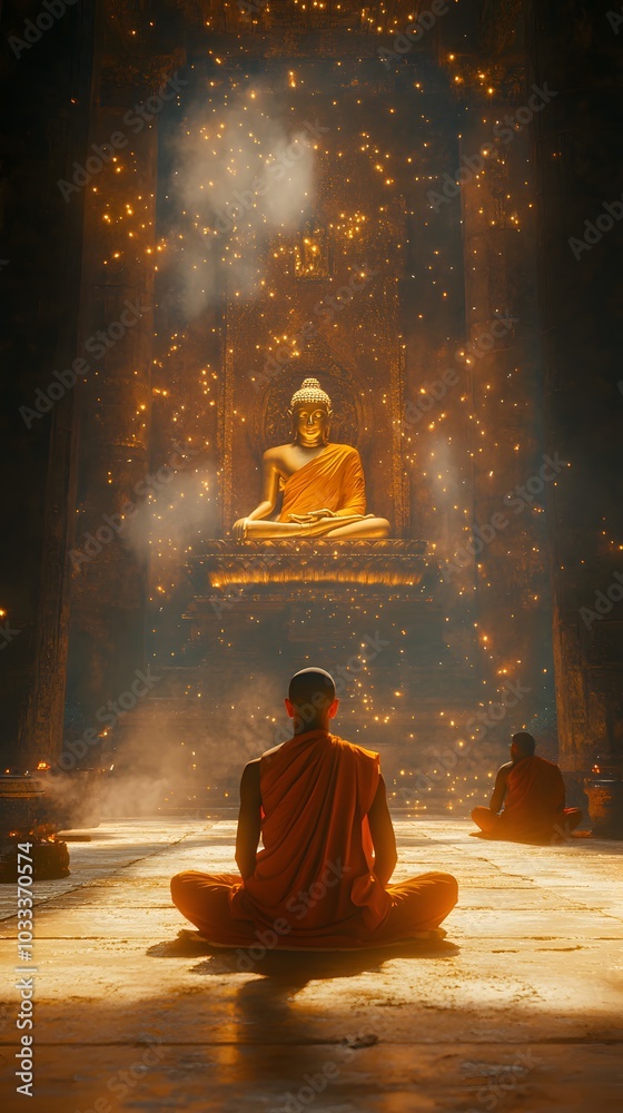A cinematic shot of the interior of an ancient temple. In the foreground, a monk in orange robes and a bald head is kneeling on the ground A cinematic shot of the interior of an ancient temple. In the foreground, a monk in orange robes and a bald head is kneeling on the ground