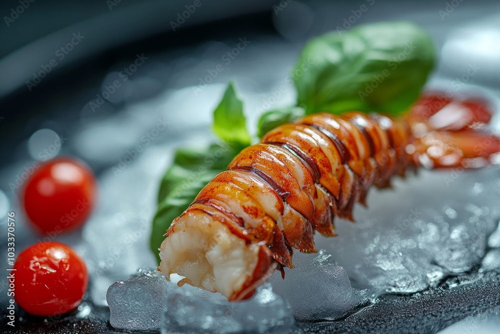 Delicious fresh lobster tail presented on ice with vibrant cherry tomatoes and green basil. Perfect for gourmet seafood dishes or elegant dining experiences. Generative AI Delicious fresh lobster tail presented on ice with vibrant cherry tomatoes and green basil. Perfect for gourmet seafood dishes or elegant dining experiences. Generative AI