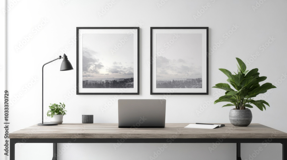 Minimalist Home Office with Laptop and Plants. Minimalist Home Office with Laptop and Plants.