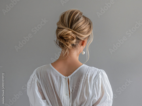 Photo of beautiful blonde woman in white shirt with open back, seen from behind isolated on light background, minimalism


 photo