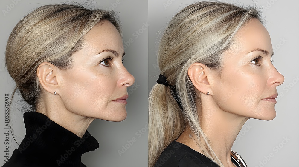 Before-and-after facelift transformation, capturing facial skin with signs of aging on one side, and the post-lift result with tightened, rejuvenated features on the other