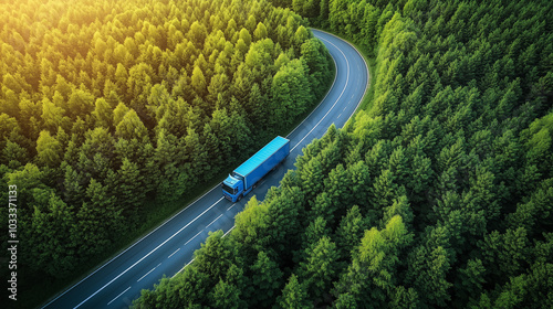 Aerial view of a blue semi-truck driving on a winding road through a lush green forest with sunlight shining through the trees