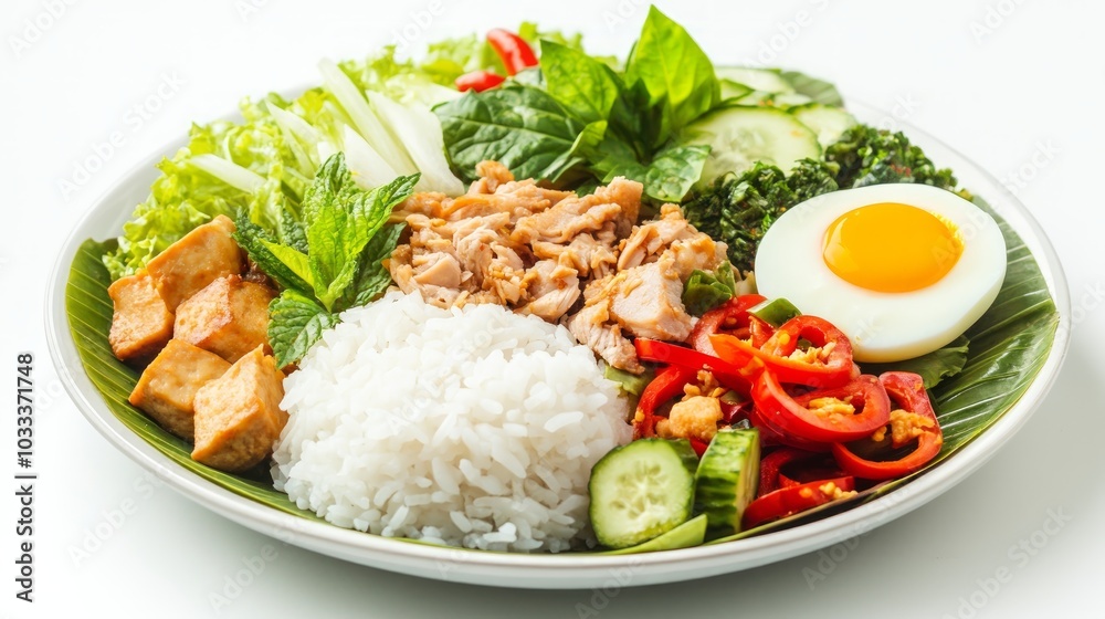 A plate of rice, tofu, chicken, vegetables, and a boiled egg on a banana leaf, with a white background. A plate of rice, tofu, chicken, vegetables, and a boiled egg on a banana leaf, with a white background.