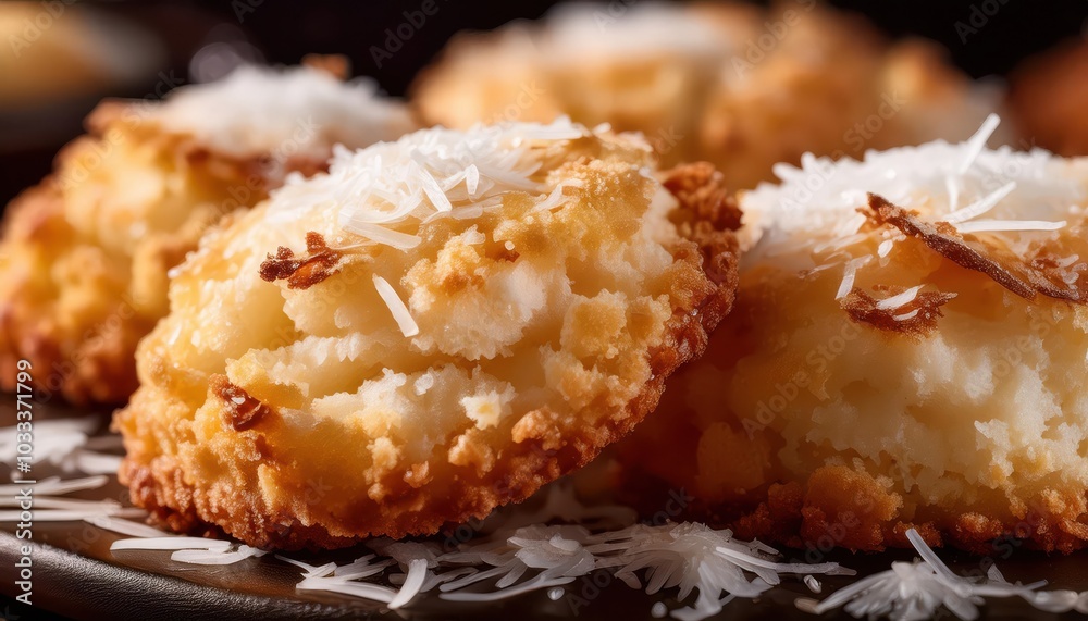 Close-Up of a Golden Coconut Macaroon Cookie with Toasted Shreds. Ideal for Holiday Baking, Desserts, and Tropical Themed Menus, Highlighting Its Crispy Exterior and Soft Chewy Center Close-Up of a Golden Coconut Macaroon Cookie with Toasted Shreds. Ideal for Holiday Baking, Desserts, and Tropical Themed Menus, Highlighting Its Crispy Exterior and Soft Chewy Center