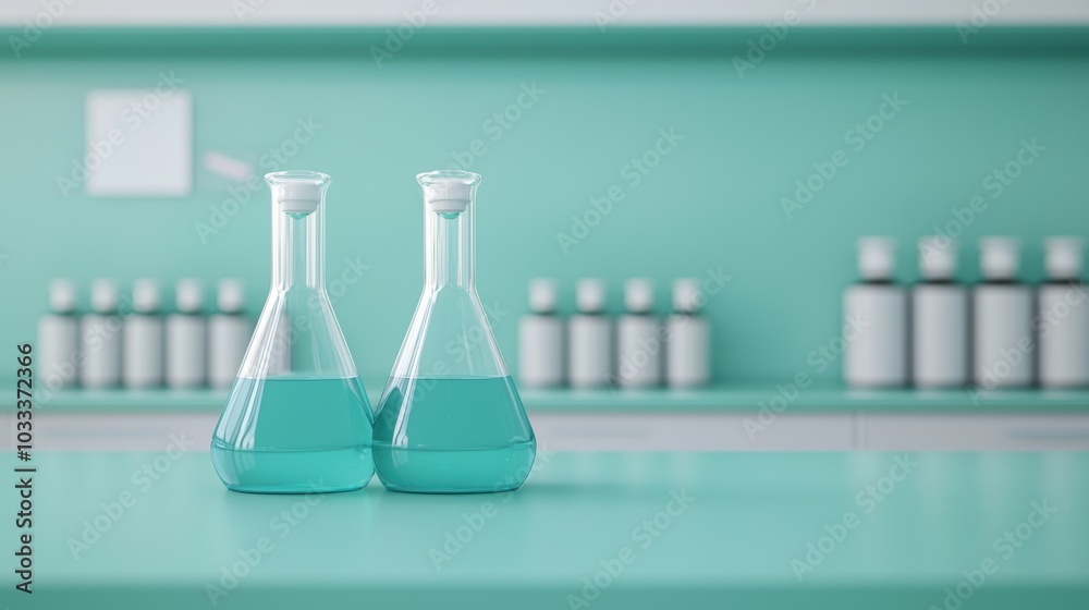 Two laboratory glass flasks with turquoise liquid on a bright laboratory counter.