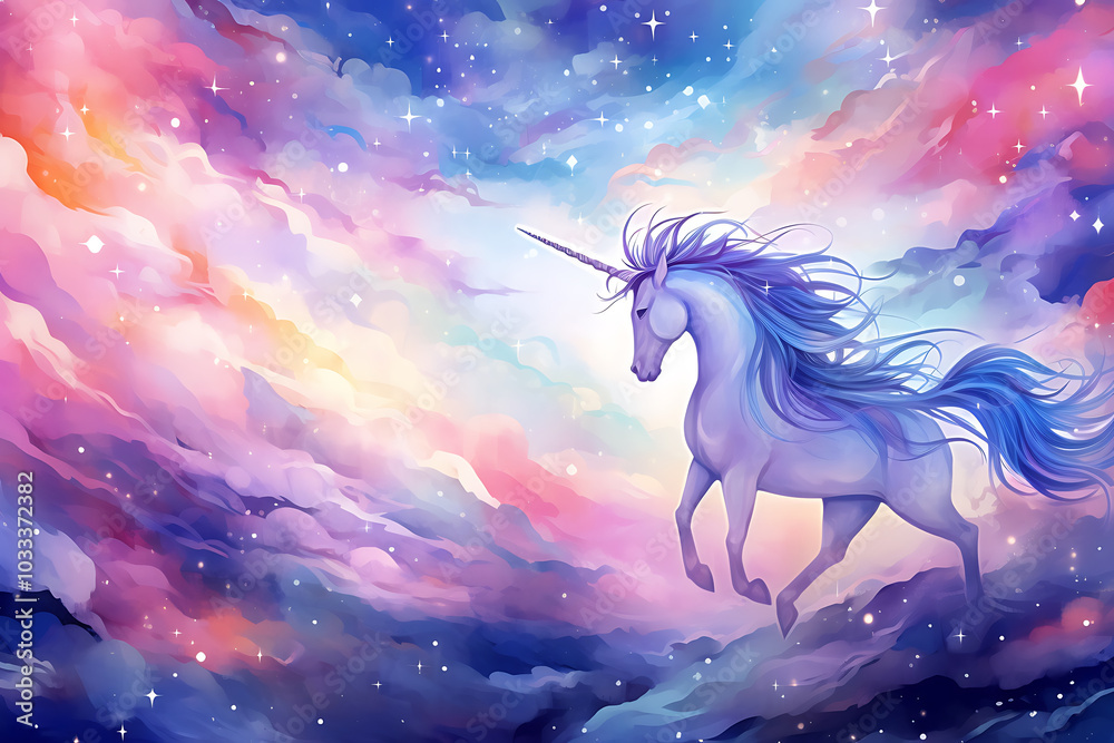 Fototapeta premium magical unicorn leaps through vibrant, colorful sky filled with clouds and stars