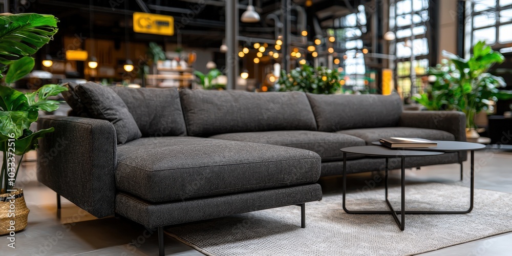 Modern Sectional Sofa in Industrial Loft Setting with Coffee Table and Area Rug Modern Sectional Sofa in Industrial Loft Setting with Coffee Table and Area Rug