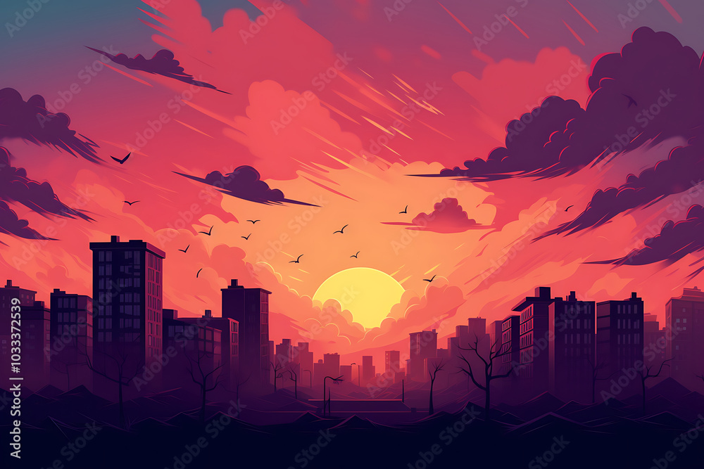 Fototapeta premium vibrant sunset over city skyline creates dramatic atmosphere