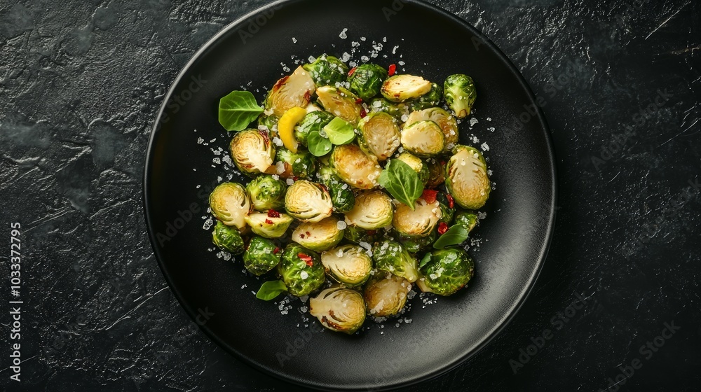 A plate of roasted Brussel sprouts with sea salt, lemon and red pepper flakes, on a dark background. A plate of roasted Brussel sprouts with sea salt, lemon and red pepper flakes, on a dark background.