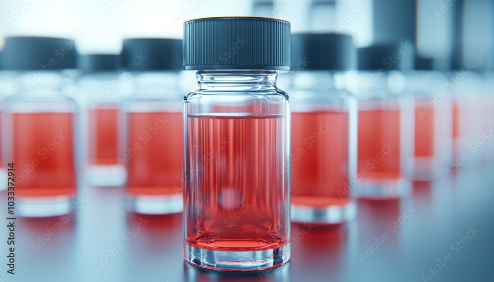 Vials with red liquid on a lab table, soft focus with a modern laboratory background. Vials with red liquid on a lab table, soft focus with a modern laboratory background.