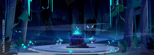 Spooky night forest landscape with glowing poison in witch cauldron on stone round platform, flying ghost with luminous eyes, tree trunks and vines, light up mushrooms and plants, fog in air. photo