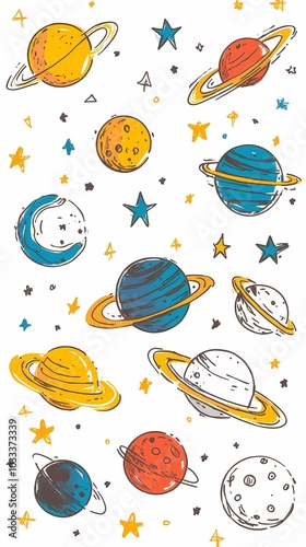 Colorful doodle style planets and stars on a white background.