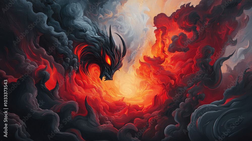 An abstract devil with warped shapes and blazing textures emerges from a vortex of swirling black and red patterns, embodying raw energy and chaos. An abstract devil with warped shapes and blazing textures emerges from a vortex of swirling black and red patterns, embodying raw energy and chaos.