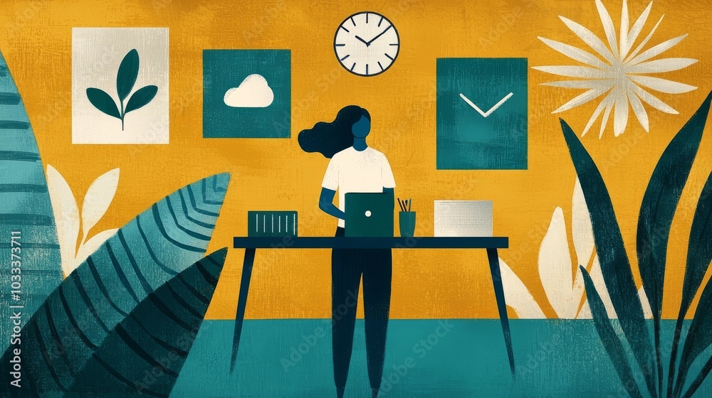 Woman Working at Desk in Minimalist Office Illustration. Woman Working at Desk in Minimalist Office Illustration.