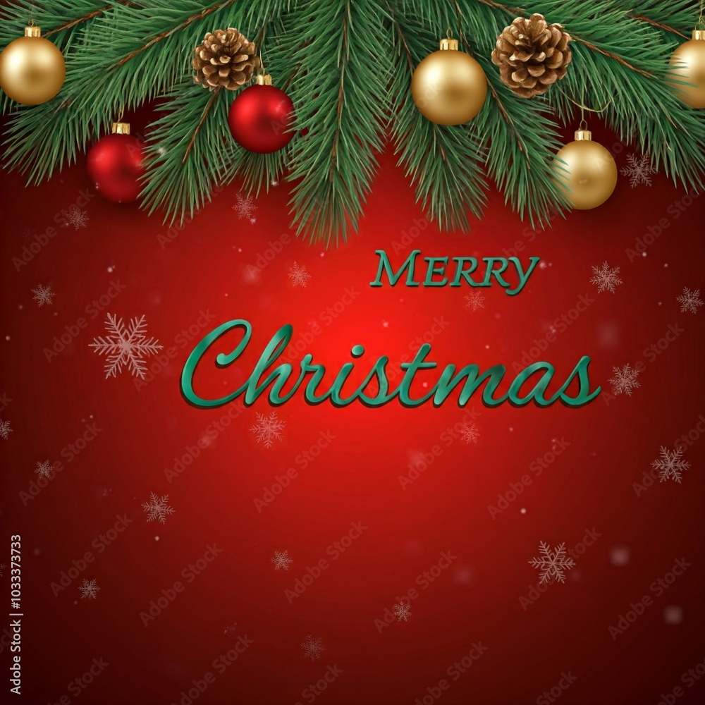Festive Merry Christmas Greeting on Red Background with Green Script Text, Holiday Ornaments for Seasonal Decoration or Greeting Card Design Festive Merry Christmas Greeting on Red Background with Green Script Text, Holiday Ornaments for Seasonal Decoration or Greeting Card Design
