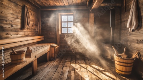 Wallpaper Mural A traditional wooden sauna with steam rising from the hot stones, surrounded by rustic wooden benches. Warm, soft lighting gives the space a cozy and inviting feel.  Torontodigital.ca