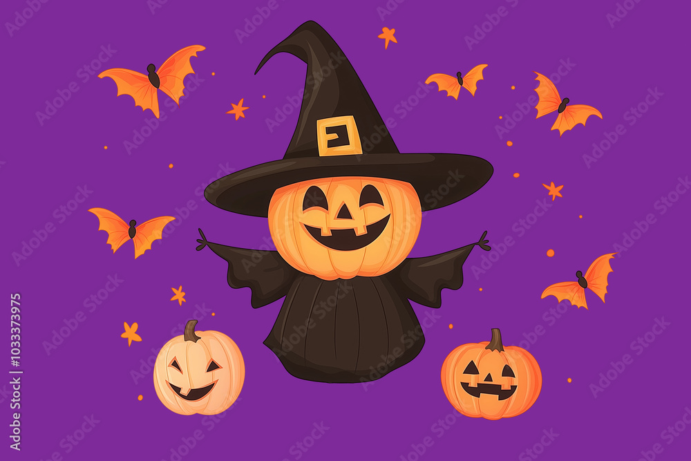 Scarecrow in witch hat and carved pumpkins on purple background. Halloween poster Scarecrow in witch hat and carved pumpkins on purple background. Halloween poster