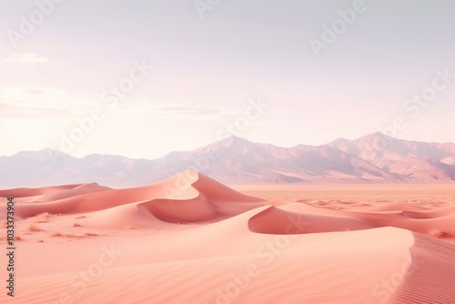 Wide shot of pink desert dunes with mountains in the background, muted pastel colors. 