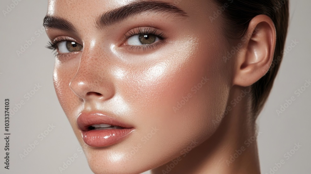 Close-up portrait of a woman's face with glowing skin. Close-up portrait of a woman's face with glowing skin.