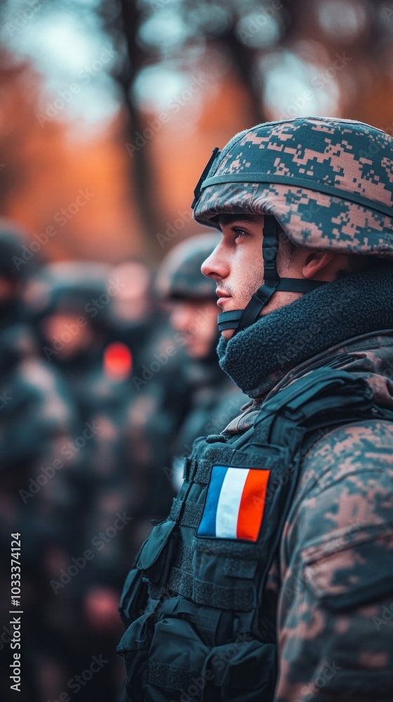 The soldier stands at attention among fellow troops, reflecting a sense of duty and focus during a military training session in the autumn landscape