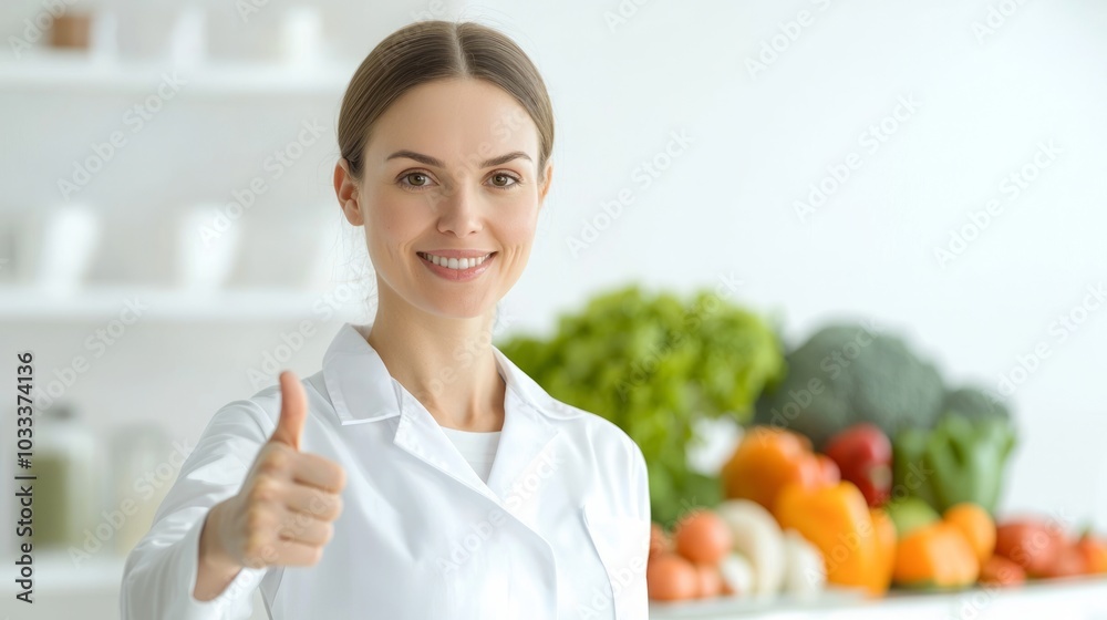 Happy Nutritionist Approving Healthy Meal Prep in Bright Kitchen with Fresh Produce - Ultra-Detailed Image Concept
