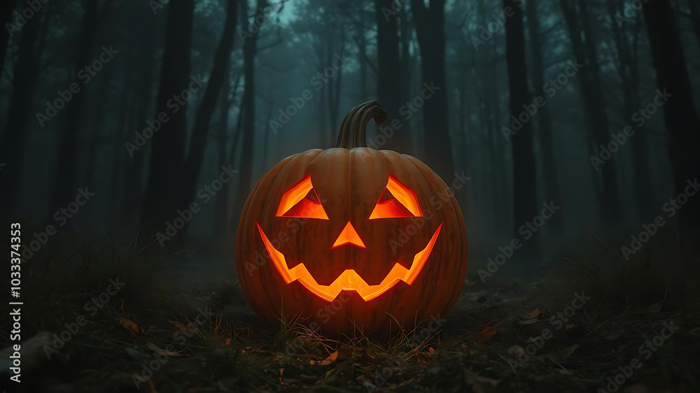 Spooky Halloween pumpkin glowing in dark forest, creating eerie atmosphere Spooky Halloween pumpkin glowing in dark forest, creating eerie atmosphere