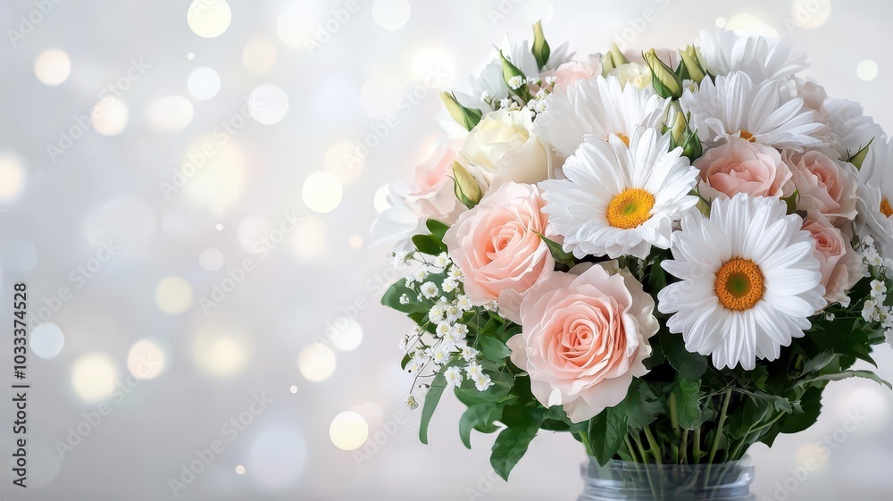 Vibrant bouquet of daisies and roses with a blank area for text at the top, perfect for your personalized message. Vibrant bouquet of daisies and roses with a blank area for text at the top, perfect for your personalized message.