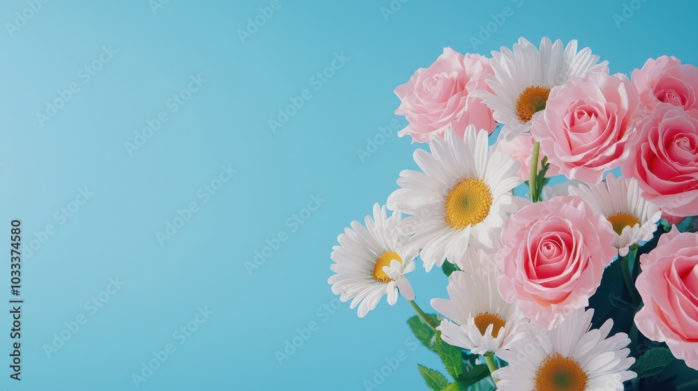 Vibrant bouquet of daisies and roses with a blank area for text at the top, perfect for your personalized message. Vibrant bouquet of daisies and roses with a blank area for text at the top, perfect for your personalized message.