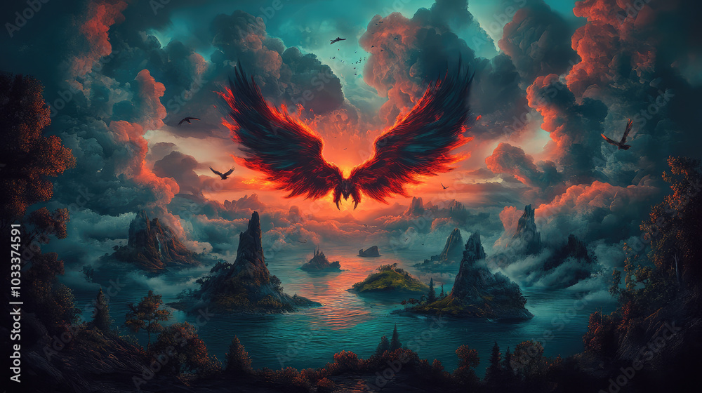 The devil, adorned with fiery wings, soars amidst floating islands and bizarre, distorted landscapes, creating an enchanting yet unsettling scene. The devil, adorned with fiery wings, soars amidst floating islands and bizarre, distorted landscapes, creating an enchanting yet unsettling scene.