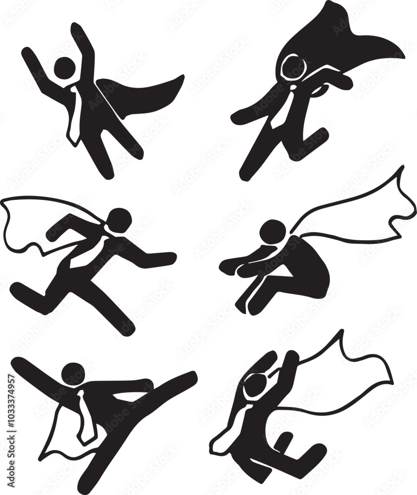 Superhero business pictogram man icon set. Superhero businessman flying stick figure. vector illustration Superhero business pictogram man icon set. Superhero businessman flying stick figure. vector illustration