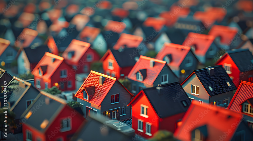 Fototapeta premium A concept where the bad houses among many houses are marked in red, 3d rendering
