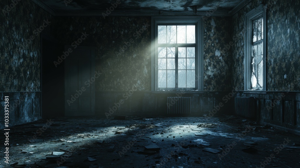 A dark, decaying room with peeling wallpaper, shattered windows letting in faint moonlight, and ample copy space in the foreground for additional design A dark, decaying room with peeling wallpaper, shattered windows letting in faint moonlight, and ample copy space in the foreground for additional design