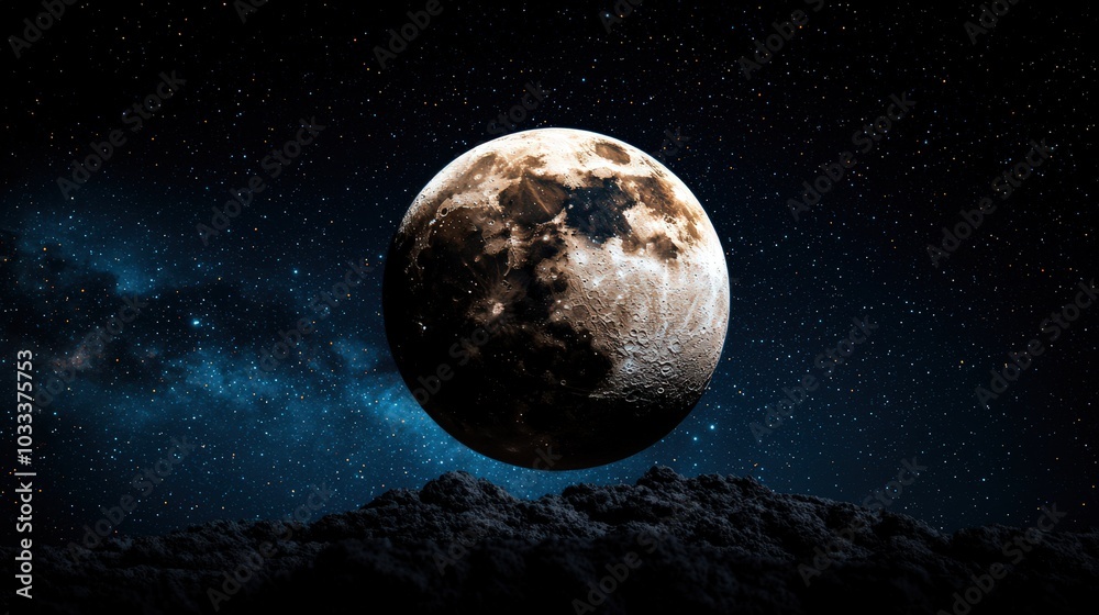 Full Moon Over Starry Night Sky with Planet Surface Landscape Full Moon Over Starry Night Sky with Planet Surface Landscape