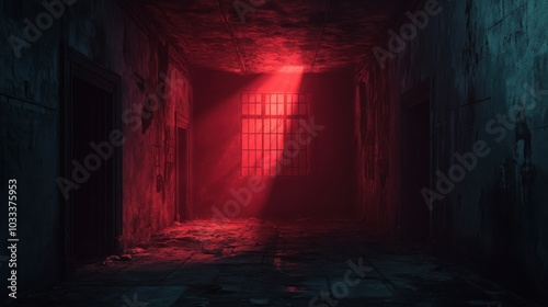 A terrifying, run-down room with claw marks on the walls, a faint red light casting ominous shadows, and plenty of copy space in the foreground for additional content photo