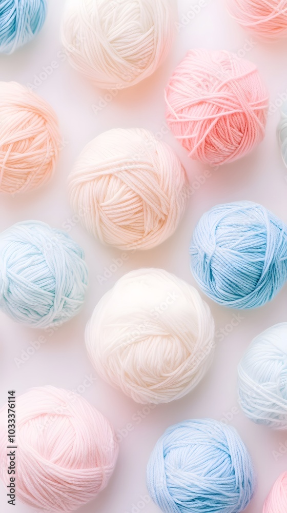 A pastel-colored background featuring balls of yarn in various shades, arranged neatly to create an abstract pattern that evokes the feeling of knitting and crocheting A pastel-colored background featuring balls of yarn in various shades, arranged neatly to create an abstract pattern that evokes the feeling of knitting and crocheting