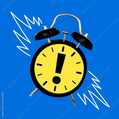 Modern collage with alarm clock with exclamation point inside. Deadline concept. Hazard Alert