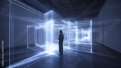 Silhouette of a Person Standing in a Room Filled with Light Streaks