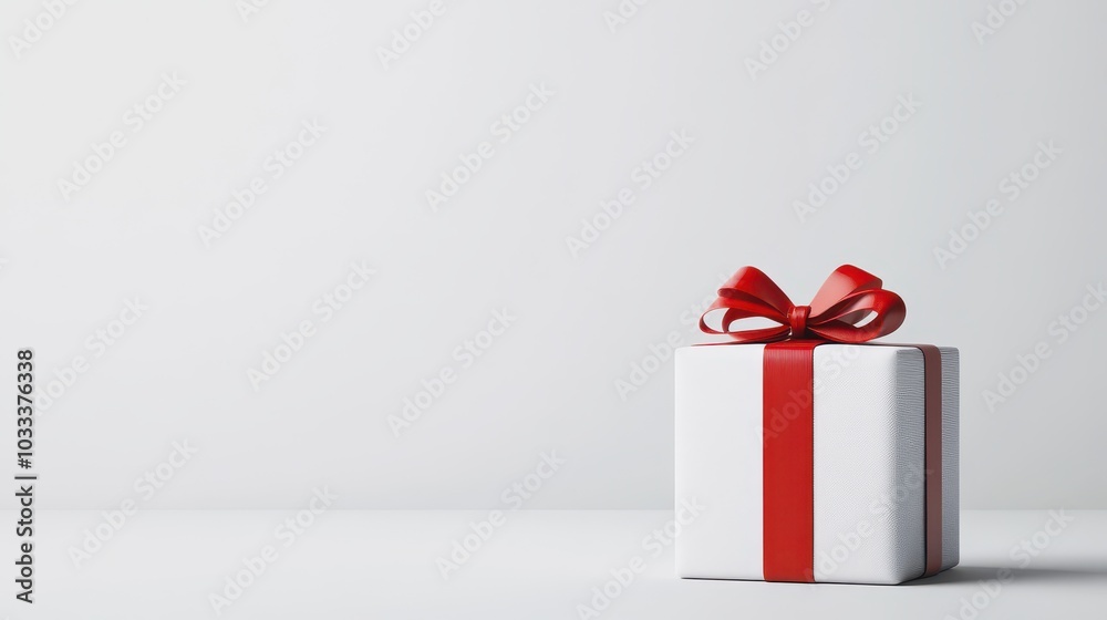 A beautifully wrapped white gift box with a bright red ribbon, perfect for celebrations and special occasions.