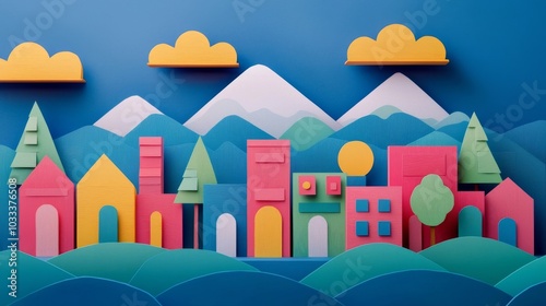 Colorful Papercut Landscape with Houses and Mountains.