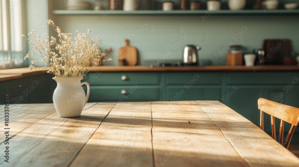 A cozy kitchen scene featuring a rustic wooden table, elegant vase, and sunlit decor, perfect for warm home atmospheres. A cozy kitchen scene featuring a rustic wooden table, elegant vase, and sunlit decor, perfect for warm home atmospheres.