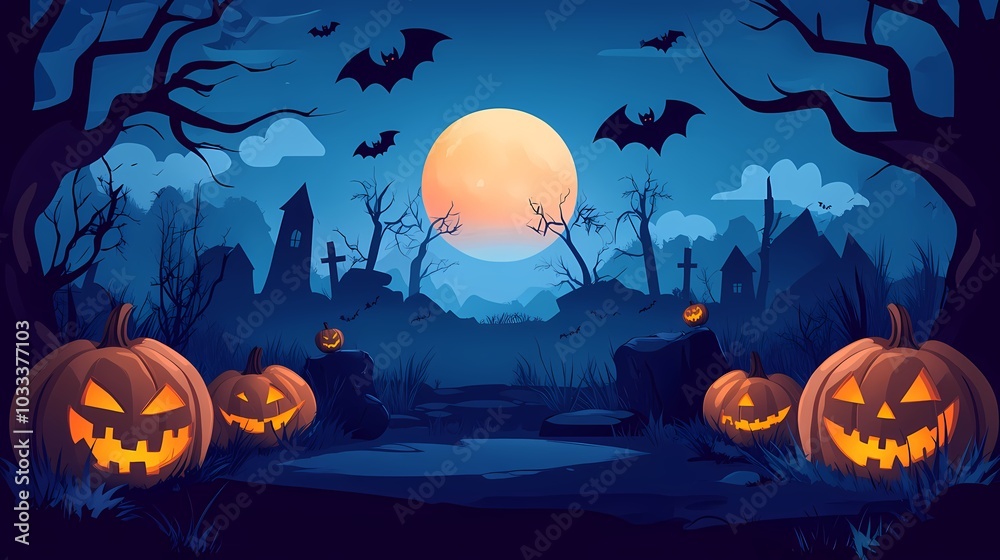 Fototapeta premium Spooky Halloween scene with glowing jack-o'-lanterns and a full moon.