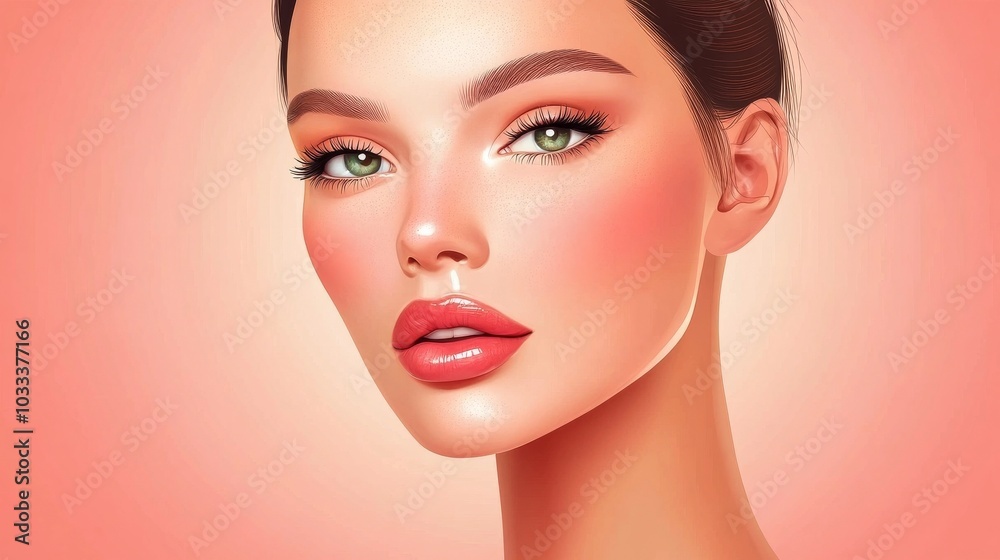 Close-up of a Woman's Face with Pink Blush and Glossy Lips.