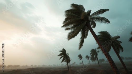 A dramatic scene of swaying palm trees against a moody sky, capturing the beauty and power of nature during a storm. photo