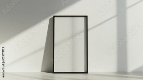 Black Frame Mockup Against White Wall With Sun Light.