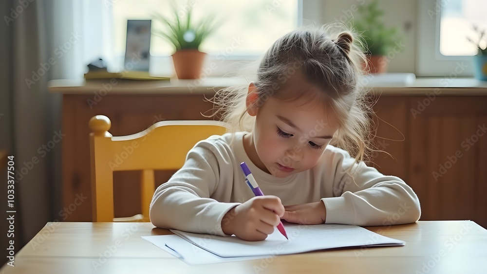Children's school table and chair with a girl drawing in notebook Children's school table and chair with a girl drawing in notebook
