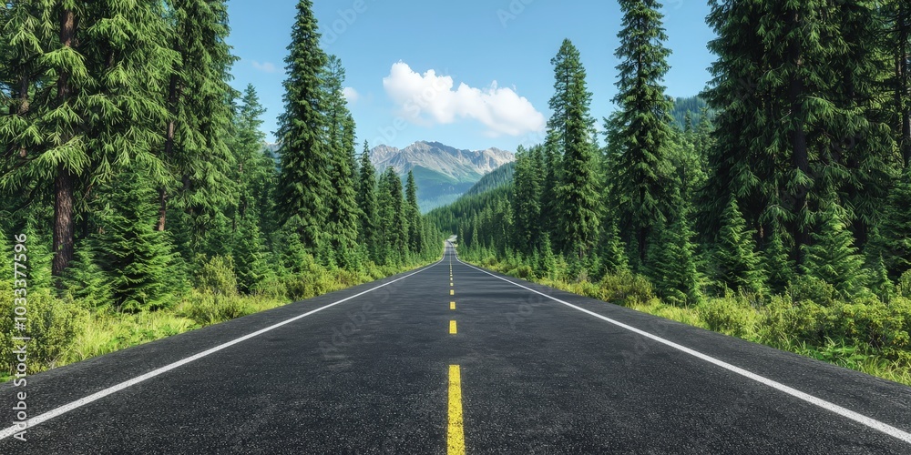 Naklejka premium Winding Mountain Road Through Lush Pine Forest Landscape