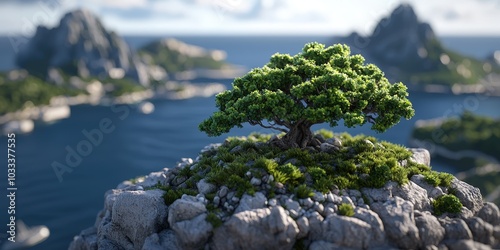 Tranquil Bonsai Tree on Rocky Outcrop Overlooking Ocean Landscape