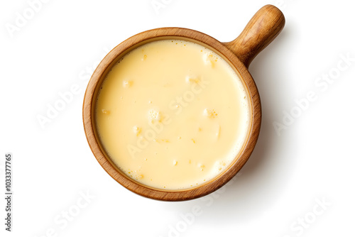 Pot of delicious cheese fondue top view isolated on white background