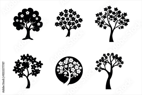 cherry blossom tree silhouette illustration - black wild apricots and sakura  on white